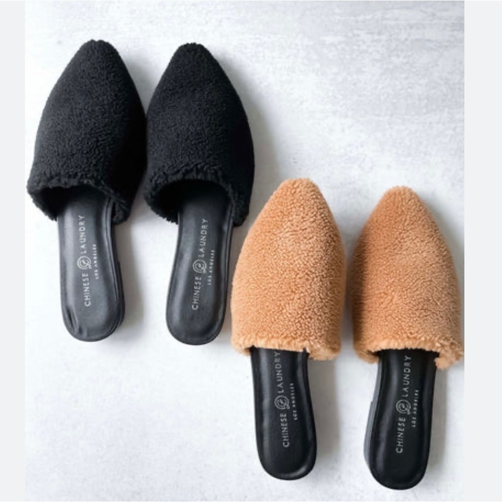 Chinese Laundry Hideout Mules in black sherpa teddy